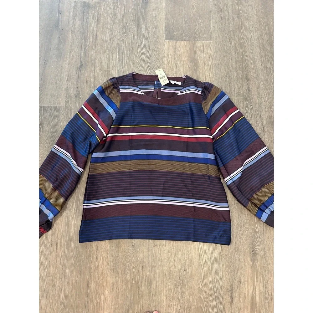 LOFT Petites Striped Long Sleeve Blouse Navy Burgundy‎ XSP 24110594